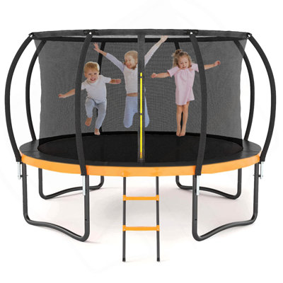 Grand trampoline d'extérieur 12 pi avec filet de sécurité intérieur, échelle, rembourrage en PVC, pour, noir et orange