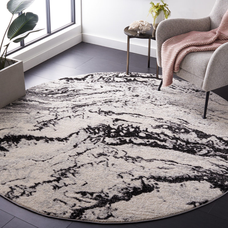 Adcock Abstract Ivory/Black Area Rug, Round 6'7"