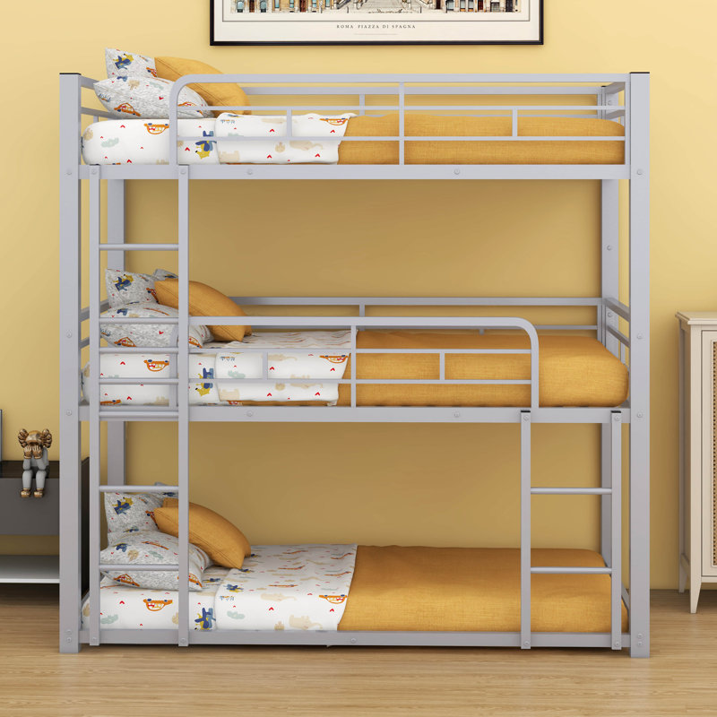 Twin Size Triple Bunk Beds With 2 Ladders, Metal Bunk Bed Frame With Guardrails, Silver