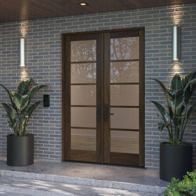 96" Double Door, RTA Prehung Exterior, SDL 5 Lite, Unfinished Mahogany Wood