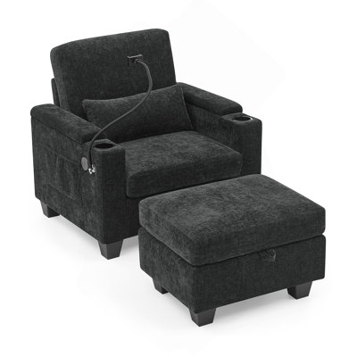 Single Sofa Recliner With Manually Adjustable Backrest, USB Charging Port On The Armrest Side, Phone Stand Included, Hidden Armrest Storage, And A Matching Storage Ottoman-Black