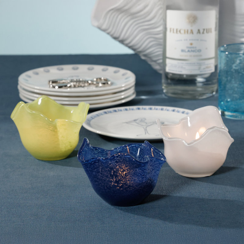 Wavy Bowl Glass Tealight Candle Holders, Set of 2, Ocean Blue