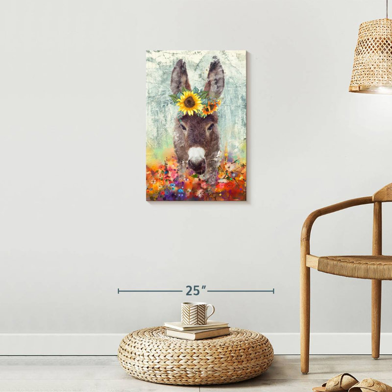 Donkey Floral Crown sur impression sur toile, H 24 po x l 16 po x P 1,25 po
