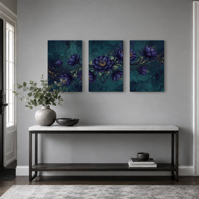 Ensemble de 3 impressions sur toile de lotus mauve foncé, H 24 po x l 16 po x 3 pièces
