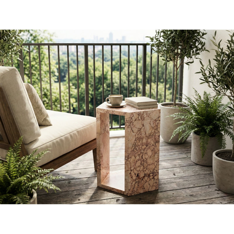 Table d'appoint en marbre naturel rose, tons terreux et variations de couleurs, fin hexagonal de 16 cm x 40 cm, motifs de pierre uniques, finition polie, hauteur