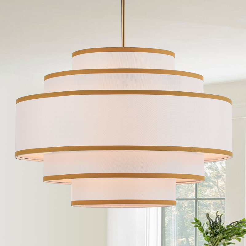 Lustre tambour 6 lumières en lin moderne, Doré, 6 niveaux, Six lumières