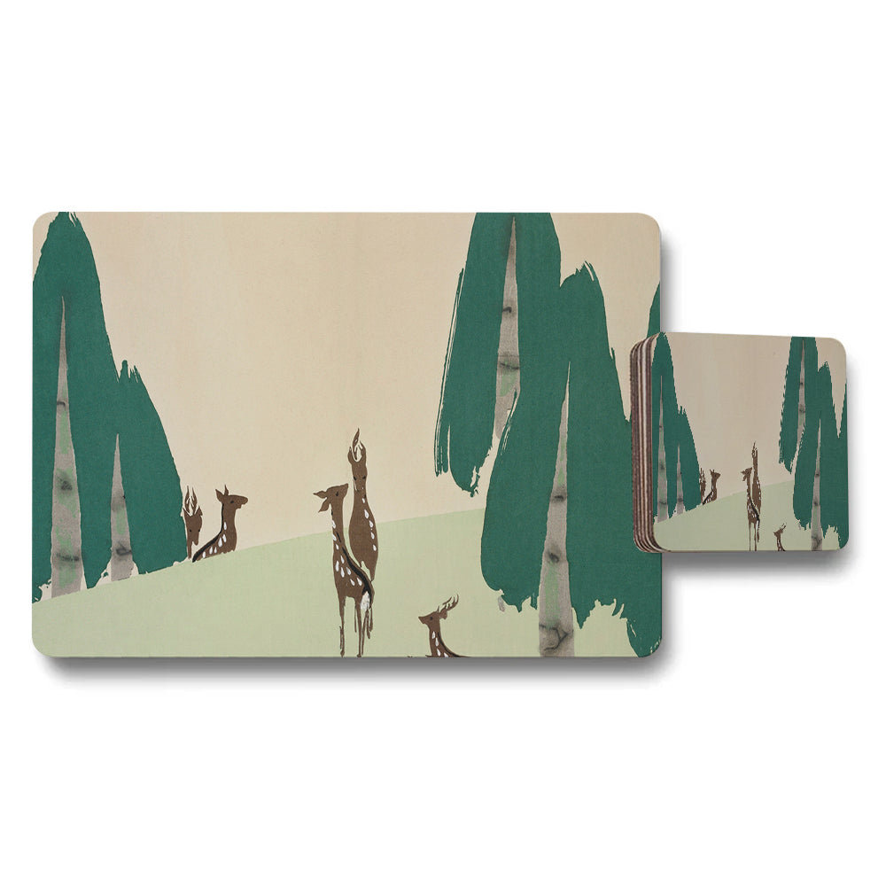 Woodland Deer Scene Placemat And Coaster Set For Table Decor