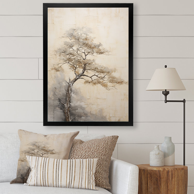 «Beige Tree Pine Zen Scenery IV», reproduction d'art sur toile, Cadre simple noir, H 32 po x l 24 po x P 1 po