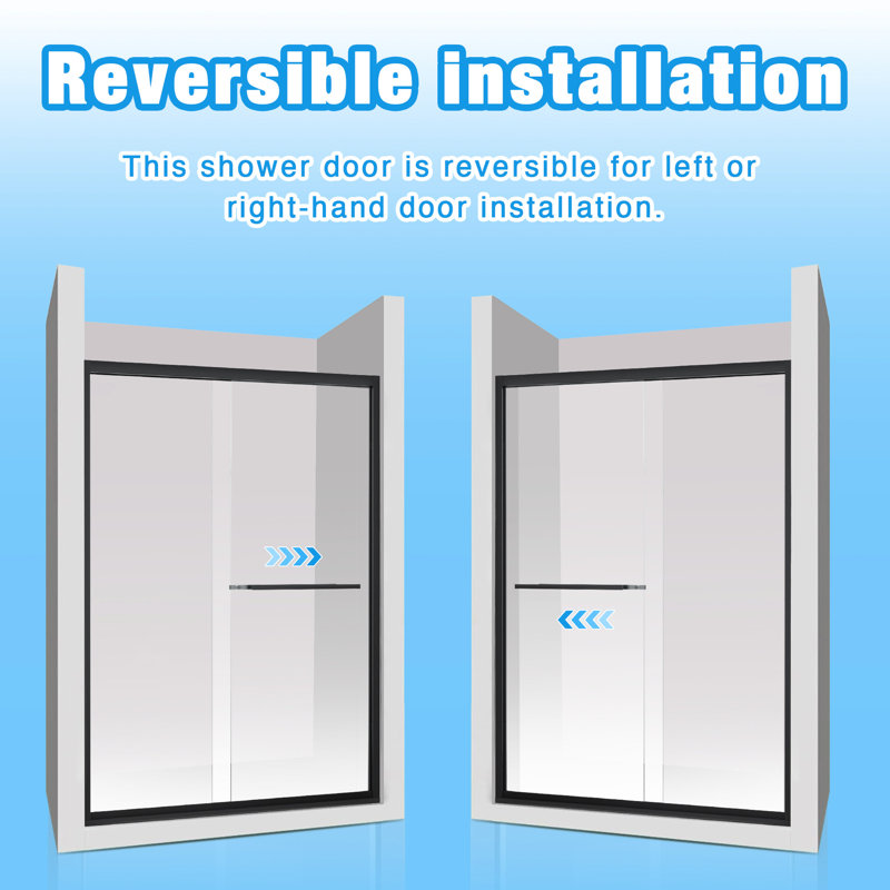 Double Sliding Shower Door With 8Mm Clear Tempered Glass, Matte Black Aluminum Frame, Stainless Steel Handle, - Crash Angle, Mute Operation For Bathroom Finish, Protection, Reversible