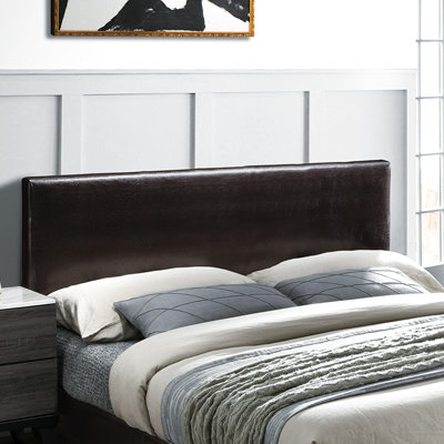 Lit double moderne brun avec revêtement en similicuir réglable, tête de lit contemporaine de style transitionnel, couleur, bois pour