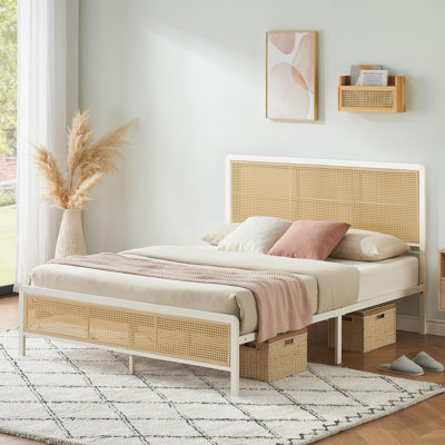 Bundeena Rattan Platform Bed Frame with Led Light Headboard with Sturdy Steel Slat Support, No Box Spring Needed