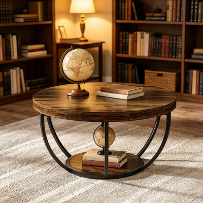 Table basse ronde, table basse circulaire en bois à 2 niveaux de 31,7 pouces avec tablettes de rangement, table d'appoint moderne pour le salon, brun rustique et noir