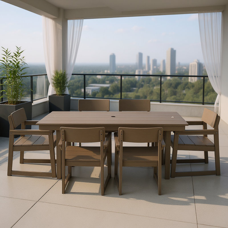 7-Piece HDPE Outdoor Dining Set, Patio Dining Set with Weather-Resistant Patio Table And 6 Armrest Chairs, 6, Wood