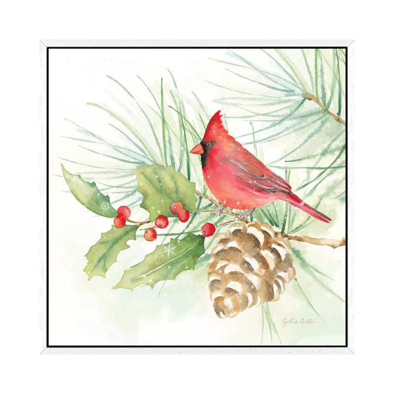 Winter Birds - Cardinal by Cynthia Coulter - Painting on Canvas, 45.72 cm H x 45.72 cm W, White Framed