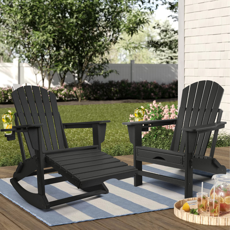 Plastic Folding and Rocking Adirondack Chair with Ottoman, Black