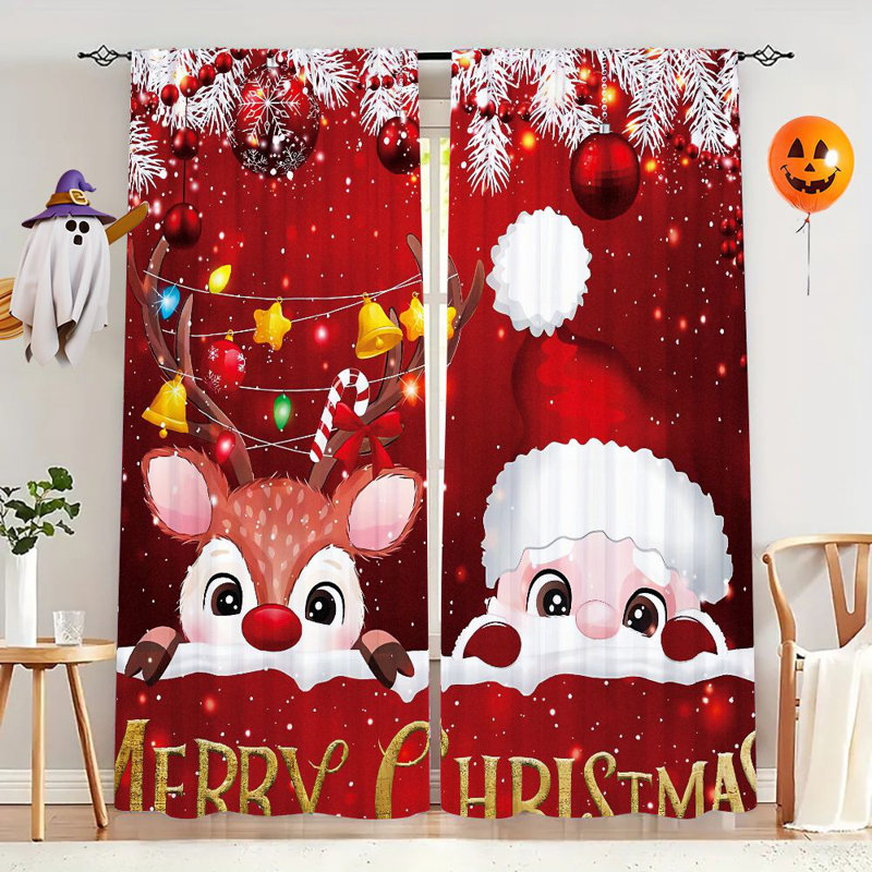 2Pcs Christmas Santa Claus Reindeer Curtains - Festive Holiday Window Drapes with Merry Text Rod Pocket Design for Living Room Bedroom Kitchen Light Filtering Polyester Home Decor