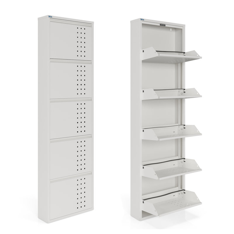 Antibacterial 5 Tier Metal Shoe Cabinet Front Holes, White