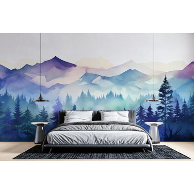Aquarelle bleue, mauve, forêt de montagne, murale