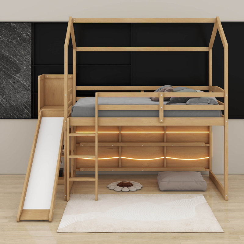 Lit mezzanine simple en bois avec glissoire, tablettes et lumière, Bois naturel