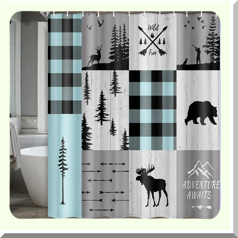 Wildlife Haven Shower Curtain - Rustic Cabin Lodge Decor with Bear, Moose, Deer & Trees - Machine Washable Polyester 