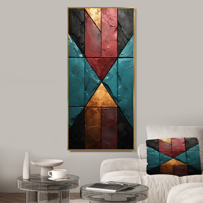 Carreaux de chevron bleu et rouge Elegance II - art mural abstrait, Cadre flottant doré, H 60 po x l 28 po x P 1,5 po