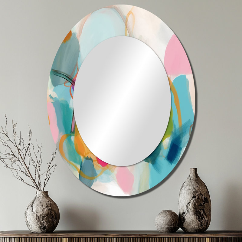 Pink Blue Minimalims Fludity V - Modern Oval Wall Mirror, 40" x 30"