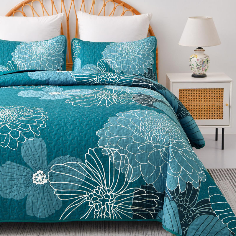 3 Pieces Floral Printed Quilt Set All Season Lightweight Bedspread Set with Shams, Teal, King Quilt + 2 King Shams
