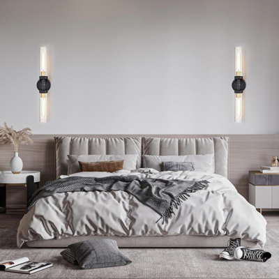 Modern Black Wall Sconce With Clear Glass Tube, Dual-Light Vanity Lighting Fixture For Bathroom, Bedroom, And Living Room