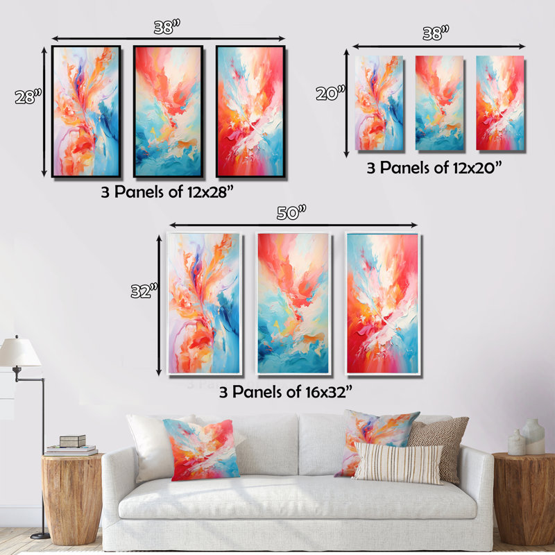 «Colorful Mid Century Energetic EruTIONS III», 3 pièces sur toile, Toile tendue, H 20 po x l 36 po