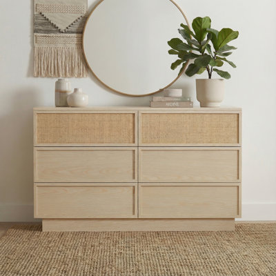 Natural Oak 6-Drawer Dresser With Solid Wood Drawer Frames, Raffia Woven Fronts & Soft-Close Slides, Spacious Bedroom Storage Cabinet by Latitude Run