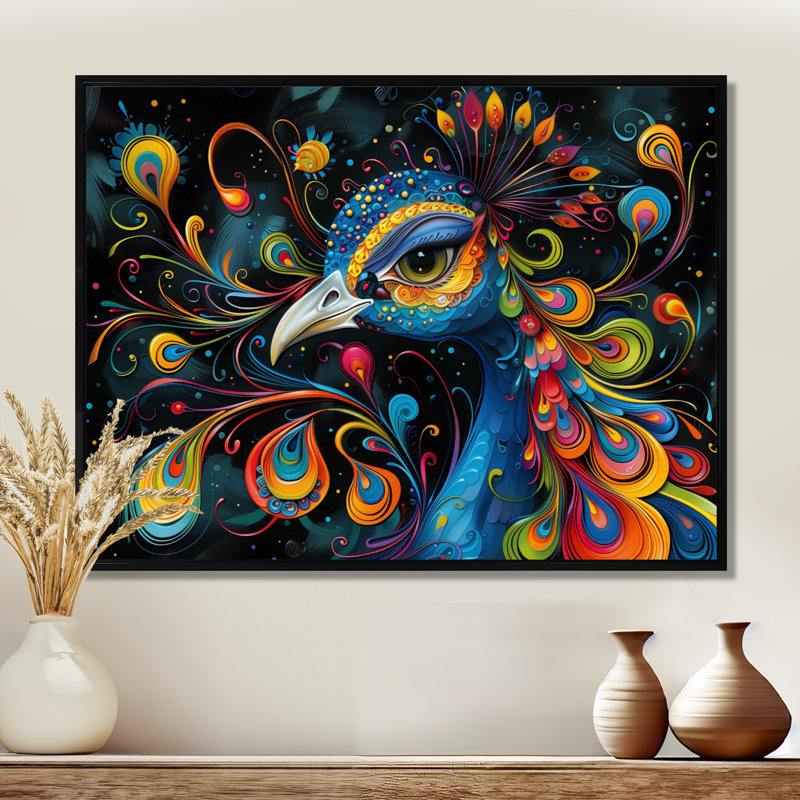 Impressionnant portrait de paon sur fond noir I - paon, art mural, Gold Floater Framed, H 12 po x l 20 po