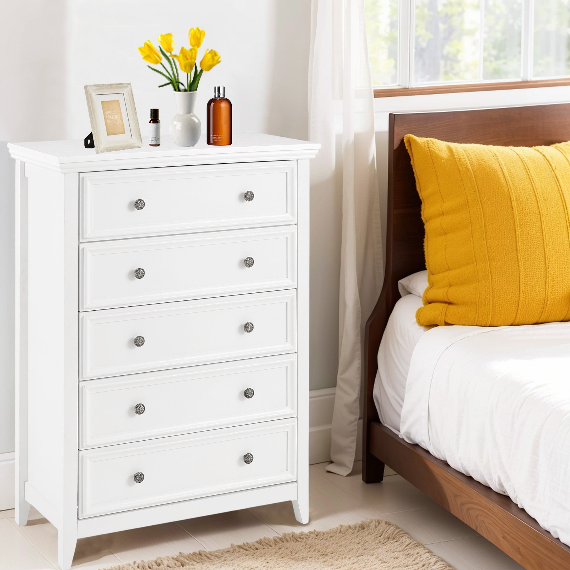 Winston Porter 5 Drawer Dresser For Bedroom - Modern Black Wooden Chest ...