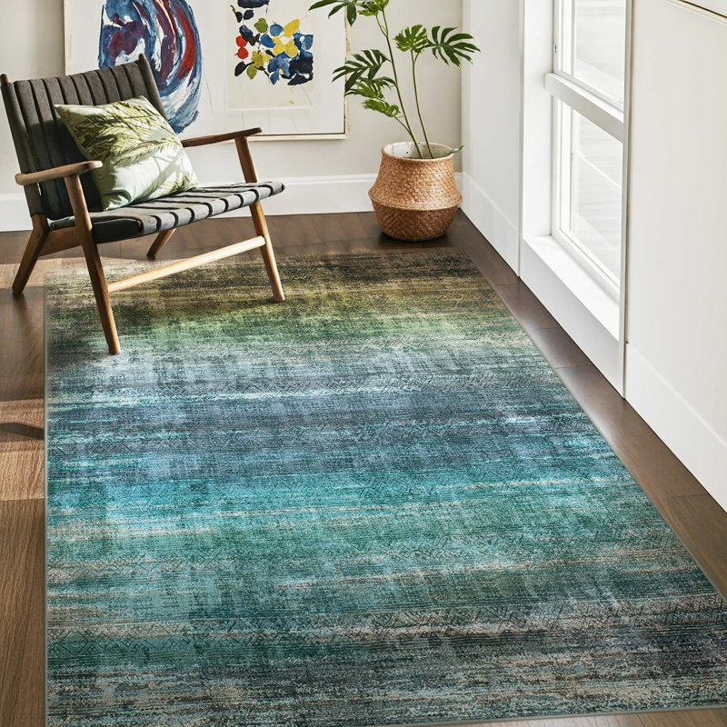 Leyat Washable Abstract Rug Ombre Distressed Non Slip Stain Resistant Low Pile Indoor Carpet, Rectangle 8' x 10'