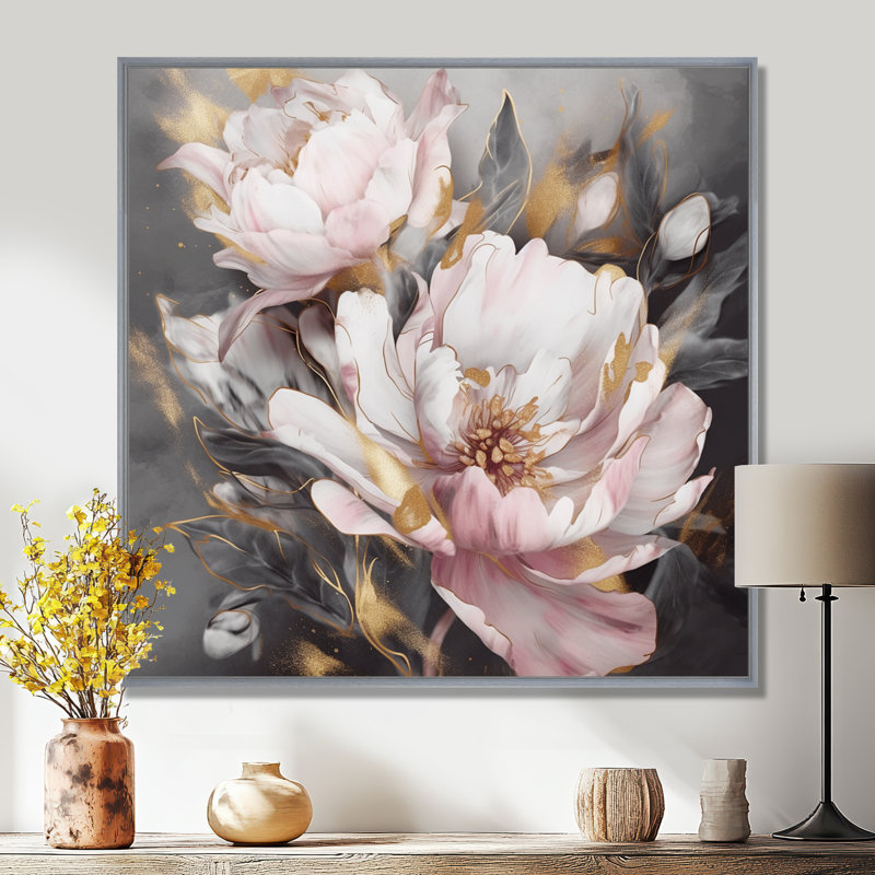 Pink Grey Peonies Elegance II - Print, 16" H x 16" W, Floater Framed, Silver