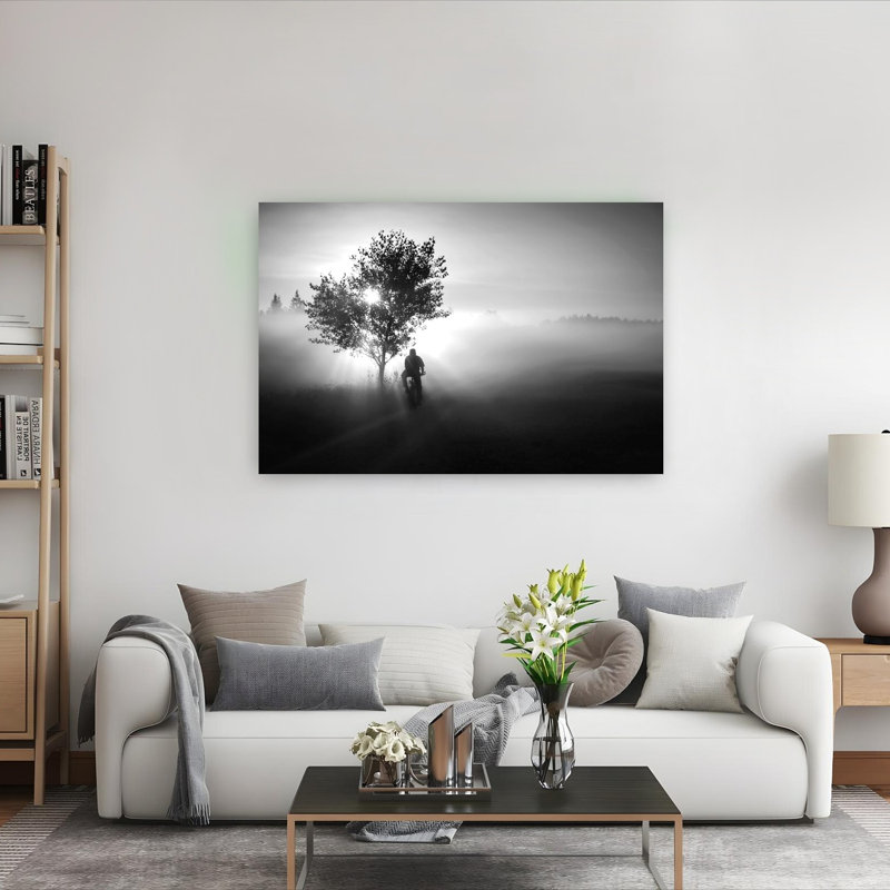 Affiche murale « Cycliste au lever du soleil : nature paisible et sereine, matin brumeux », 40" H x 60" W