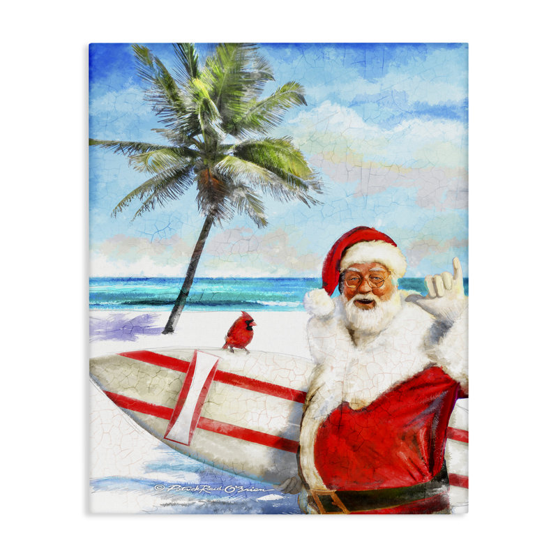 «Surfing Santa at Beach», art mural sur toile par Patrick Reid Obrien, H 20 po x l 16 po