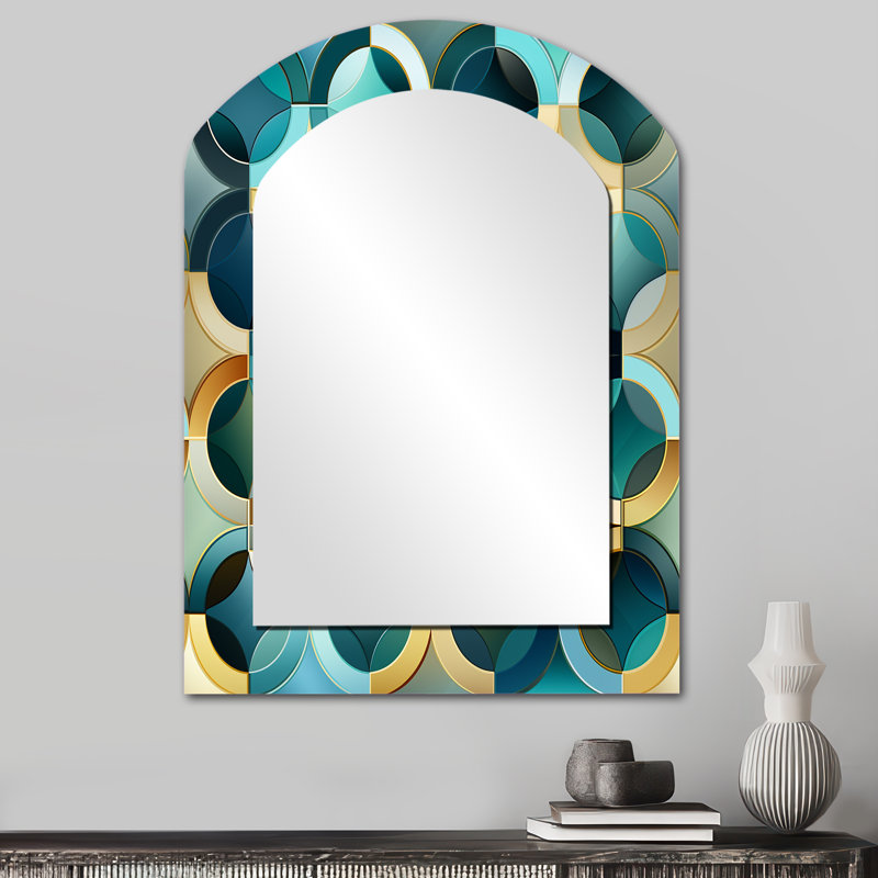 Carreaux géométriques sarcelle et dorés - miroir mural arqué doré, 34 po x 25 po