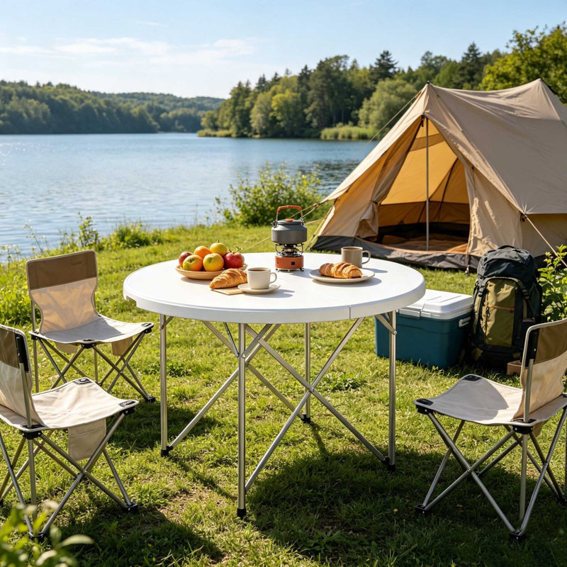 White Folding Camping Table, Round Outdoor Picnic Table with Powder-Coated Metal Frame, 120cm