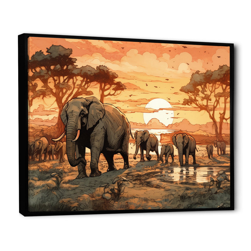 Safari orange orange avec éléphants I - impression, H 34 po x l 44 po x P 1,5 po, Cadre flottant noir