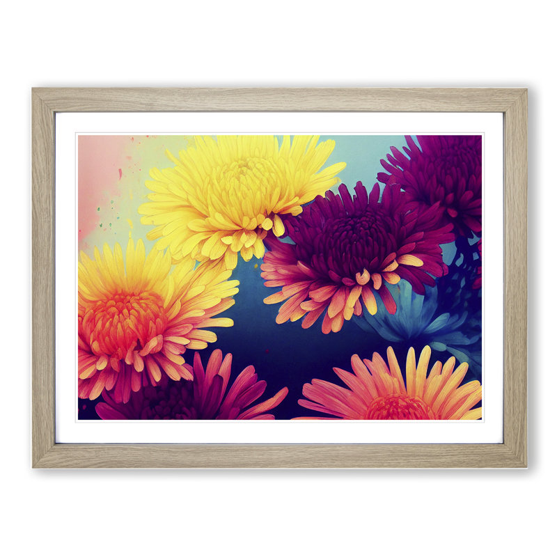 Majestic Chrysanthemum Flowers - Single Picture Frame Painting, 25cm H x 34cm W x 2cm D, Oak