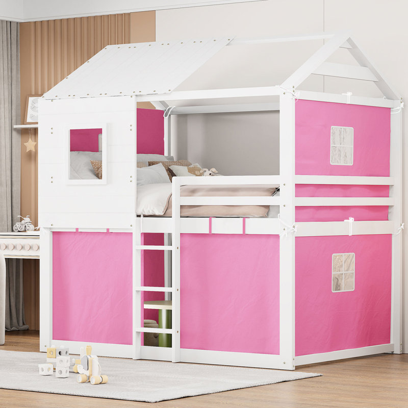 Lit superposé rose + blanc, maison dans les arbres, pin et chambre à coucher pour enfants inspirés, sommeil confortable et solide