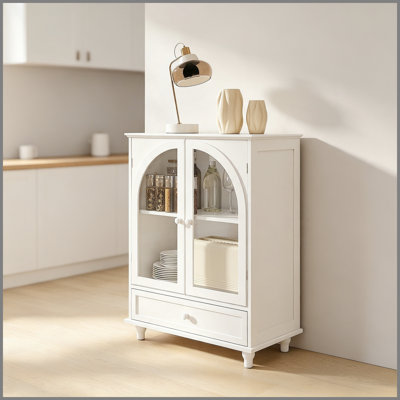 Buffet de ferme arqué avec porte en verre, armoire de rangement blanche avec plateau à niveaux et 1 tiroir, armoire-buffet pour le salon-bar