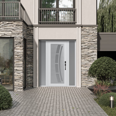 C12 Left-Hand 60 In. X 80 In. Panel Silver Steel White And White Frosted Glass With 2 Sidelites Frosted Glass Prehung Front Entry Door
