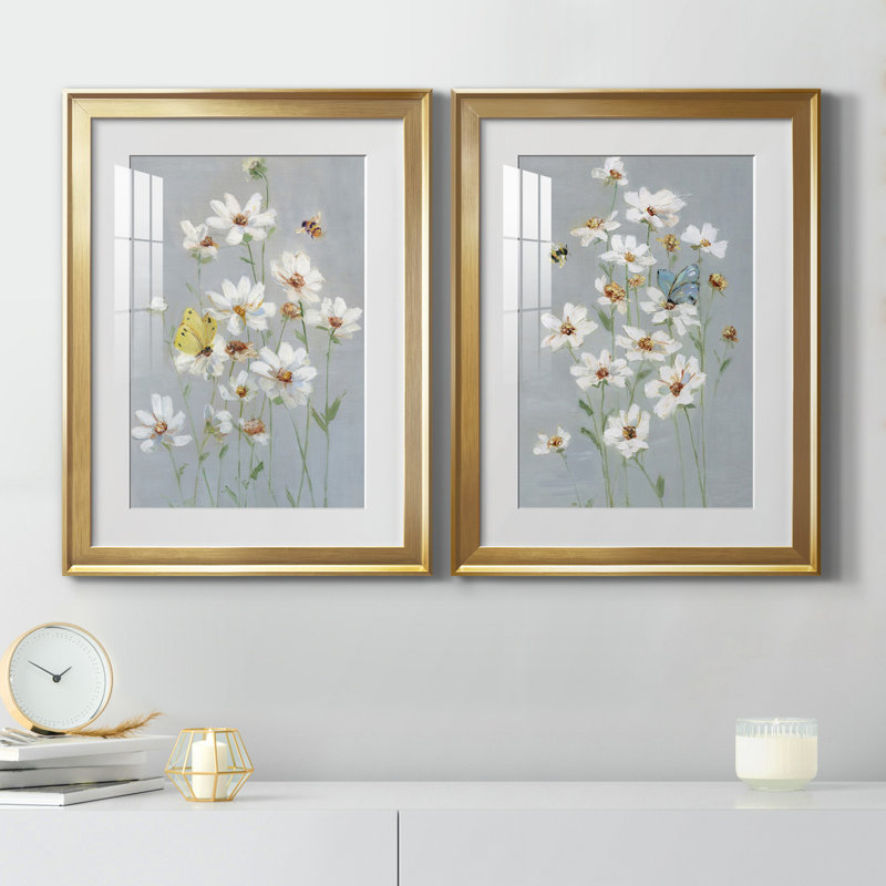 «Gathering Daisies I», ensemble de 2 reproductions d'art, Blanc, H 18,5 po x l 49 po x P 1,5 po, Papier encadré doré