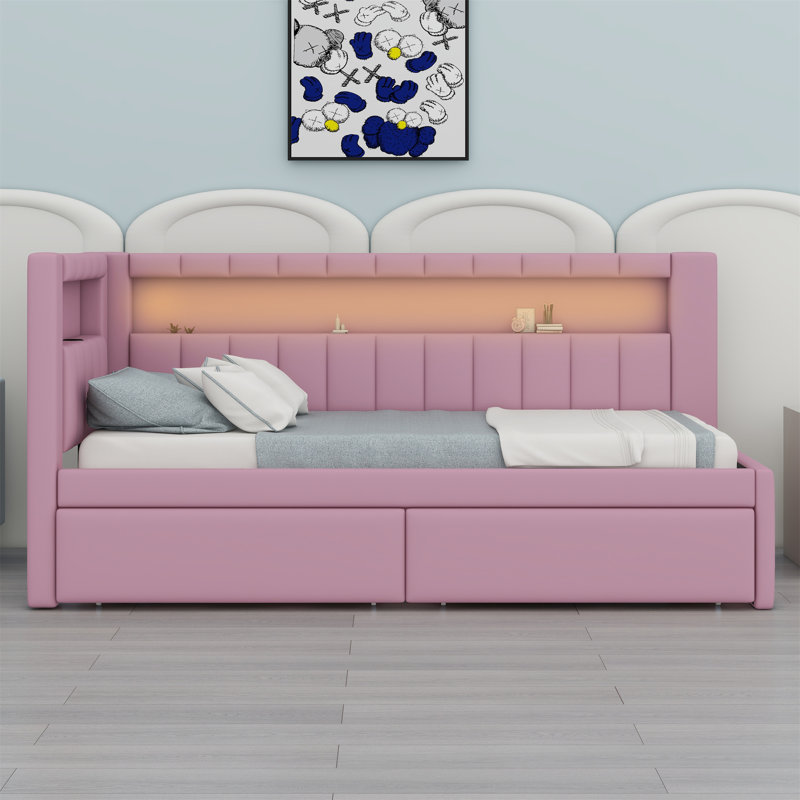 Lit plateforme tapissier avec ports USB et ceinture à DEL, avec 2 tiroirs, Rose