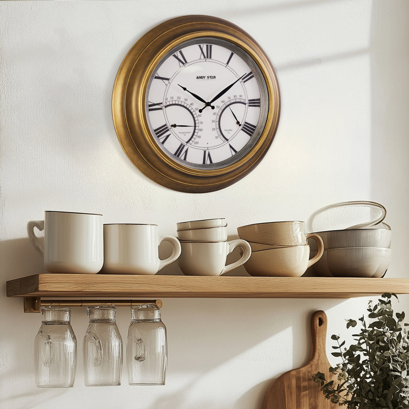 Grande horloge murale contemporaine contemporaine avec thermomètre imperméable illuminé, 24 pouces, Laiton