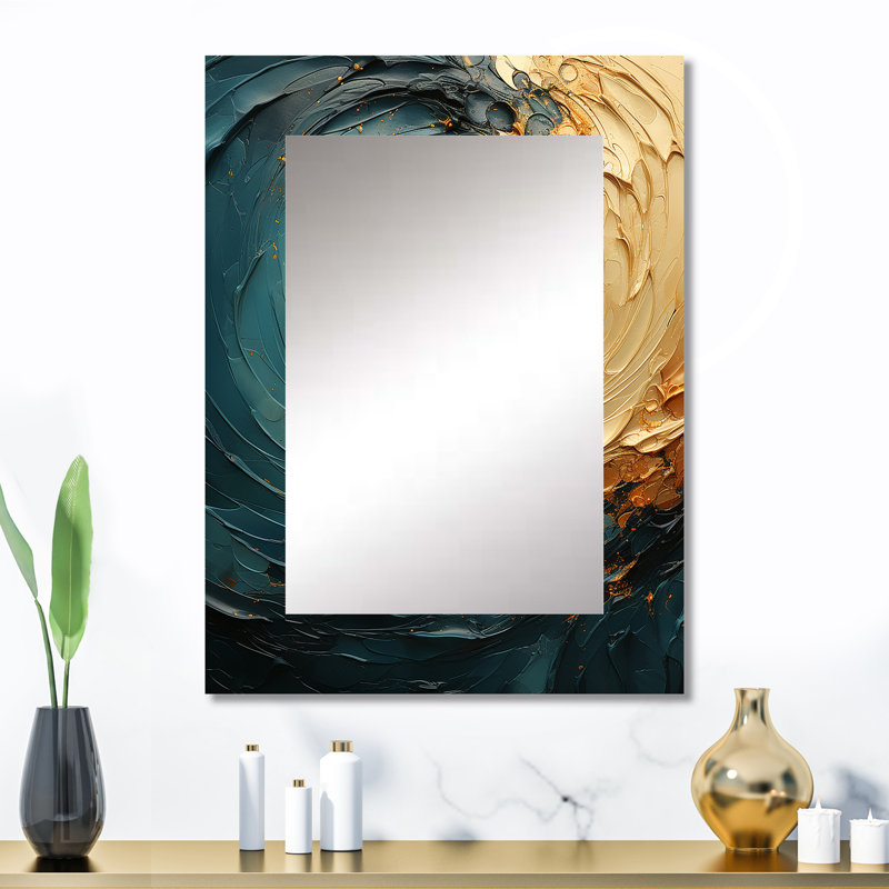 Gold Teal Ocean Spiral IV - miroir mural décoratif à spirales abstraites, grand miroir moderne et contemporain, impression d'art en métal