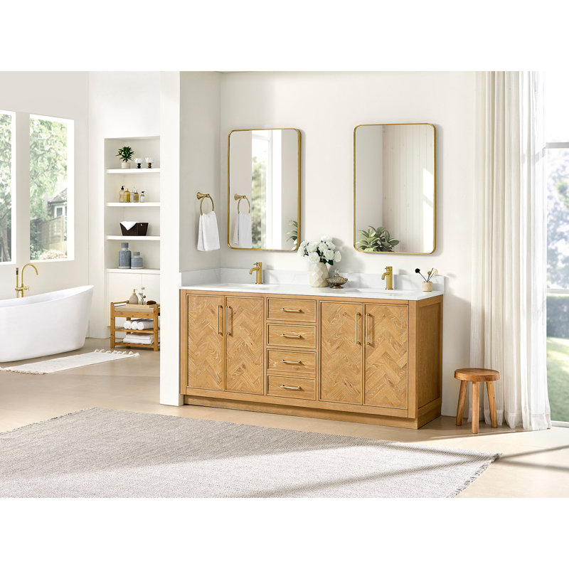 Carrasco 72" Double Bath Vanity in Oak Natural Brown with Silk White Quartz Stone Top, Brushed Gold, Oak Natural Brown