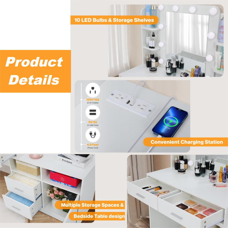 Tylon dressing table with lights, 4 drawers, wardrobe, large mirror, power outlet