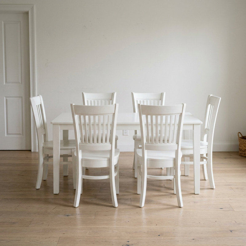 Linen White Rubberwood Rectangular 7-Piece Dining Table Set With 6 Chairs Slatted Back Wooden Seats